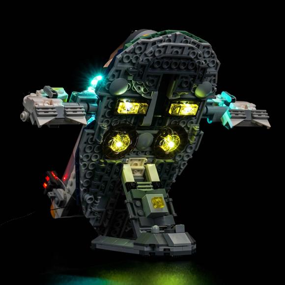 Oplyst LEGO Star Wars 75433 Jango fetts rumskib stående set bagfra