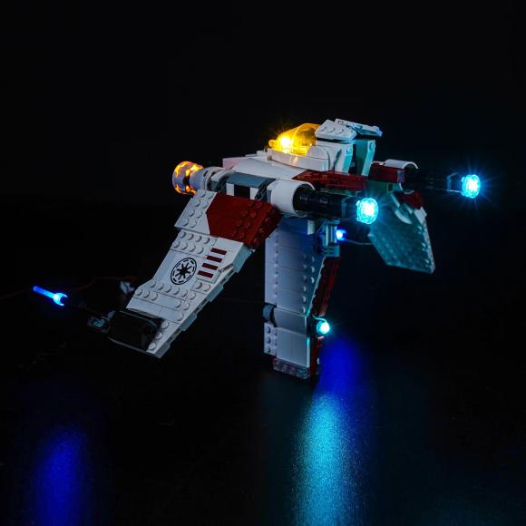 Oplyst LEGO Star Wars 75432 V-19 Torrent-stjernejæger med BrickBling med vingerne nede set bagfra mod venstre side