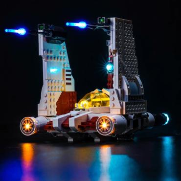 Oplyst LEGO Star Wars 75432 V-19 Torrent-stjernejæger med BrickBling med vinger oppe set fra højre side