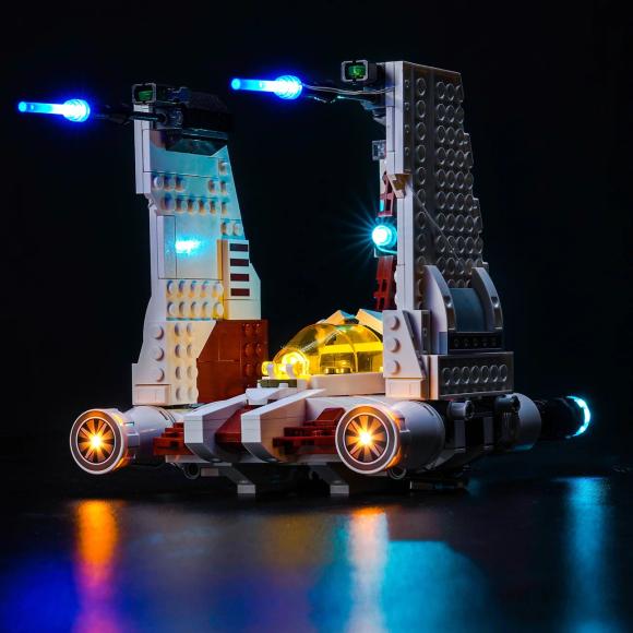 Oplyst LEGO Star Wars 75432 V-19 Torrent-stjernejæger med BrickBling med vinger oppe set fra højre side