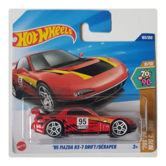1995 Mazda RX-7 Drift rød i Hot Wheels pakke set forfra