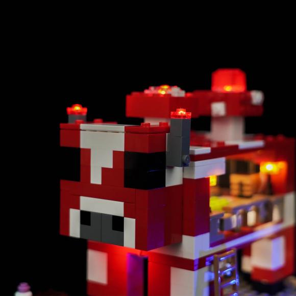 Oplyst Minecraft 21270 Mooshroom-huset med Brickbling hvor man kan se hoved