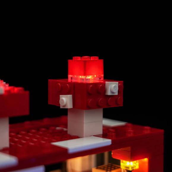 Oplyst Minecraft 21270 Mooshroom-huset med Brickbling hvor man kan se ryggen