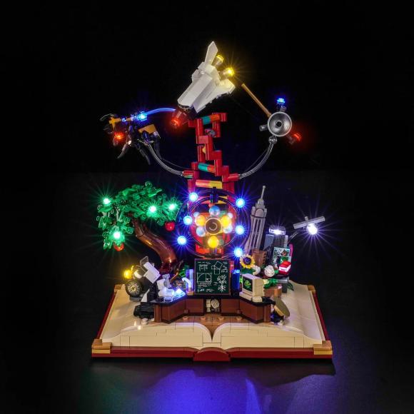Oplyst LEGO Ideas 21355 Naturvidenskabens udvikling med BrickBling set forfra